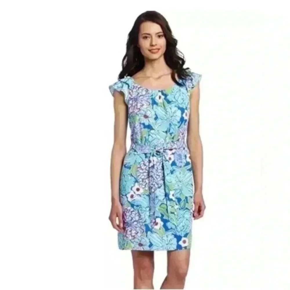 Lilly Pulitzer Sheath Dress Women Medium Blue‎ Floral Excellent Flutter Sleeve
